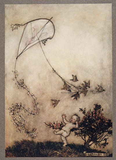 Peter gritó ¡Hazlo de nuevo! y con gran amabilidad lo hicieron varias veces, de Peter Pan en los jardines de Kensington de J. M. Barrie (1860 - 1937), pub. 1906 de Arthur Rackham